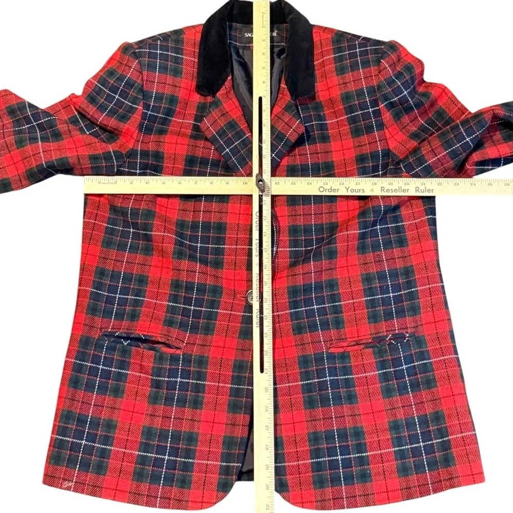 Womens Vintage Tartan Plaid Blazer 16 Red Wool Velvet Collar Sag Harbor Classic